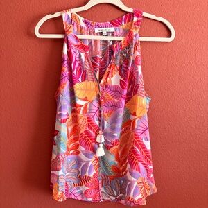Rose & Olive Women’s Tropical Leaf Print Tassel Halter Top Size L